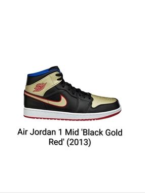 Jordan 1 Mid Rare "Black Gold Red" (2013) Mens 10 Womens 11.5 EUC